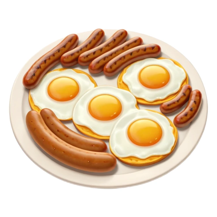 sausage and eggs object icon, fried eggs with sunny yolks, grilled sausages, warm breakfast vibe, delicious food presentation, 3D cartoon style, mobile game icon style, centered, clean background, no text, no watermark
 sticker