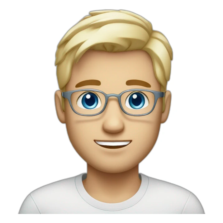 guy with ocean blue eyes, wears thing silver glasses, has blond short stylish hair, cute cheeks, light brows, works in marketing sticker