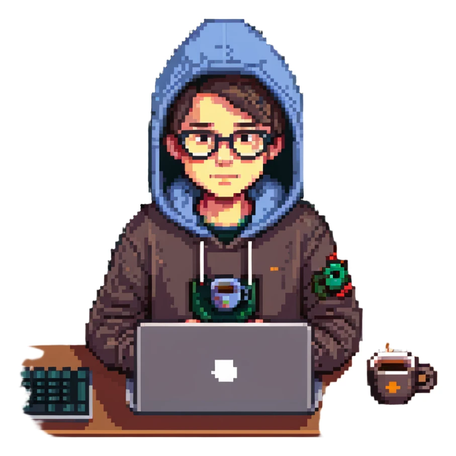 23-year-old programmer-entrepreneur, dynamic character with glasses, hoodie, startup stickers on laptop, surrounded by code and coffee, pixel art style sticker