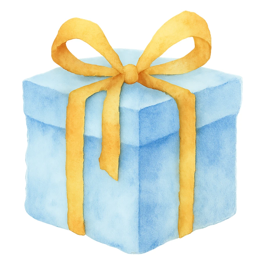 watercolor style light blue gift box with yellow ribbon, soft edges sticker
