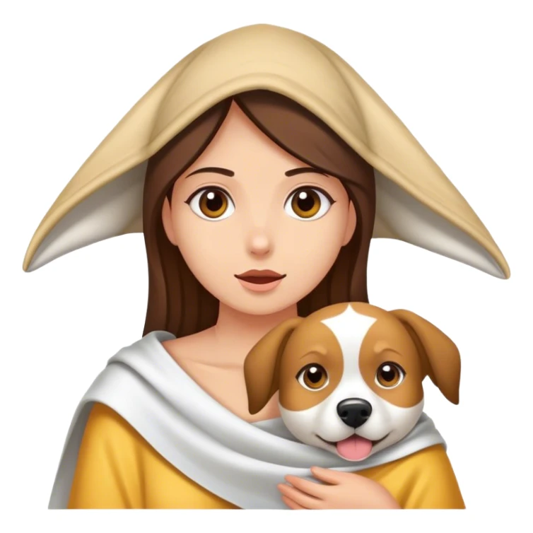 Chica con manta sobre su cabeza envuelta con su perro chico blanco sobre ella sticker