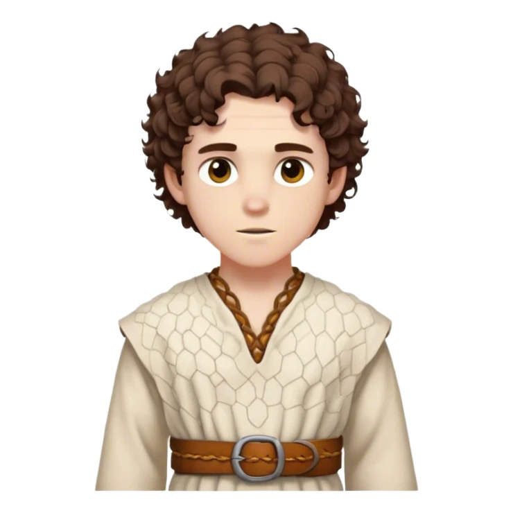 Medieval spring outfit worn by a DnD themed fantasy male character. Natural undyed wool tunic with subtle honeycomb pattern weaving, secured by a braided leather belt with bone toggles. Clothes only above the waist, full waist coverage. The character has no arms. Character is white-skinned with rich brown hair, amber eyes, and short curly hair with a slight windswept look. sticker