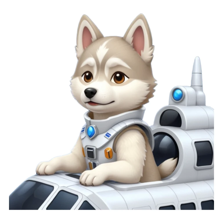 furry white coat husky in full battle gear posing cutely on a space cruiser sticker