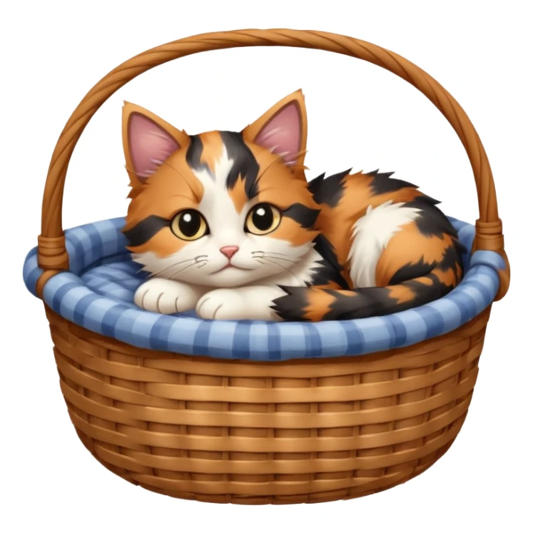 A fluffy kitten curled inside a wicker basket with sleepy eyes. sticker