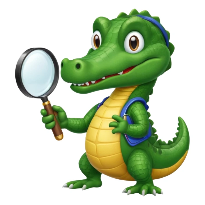 A green academic cartoon gator with a magnifying glass on a light background sticker