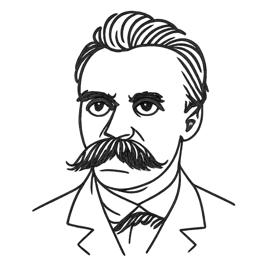 a hand drawn black outline portrait of philosopher Friderich Nietzsche with similar-sized eyes based a famous portrait of him sticker