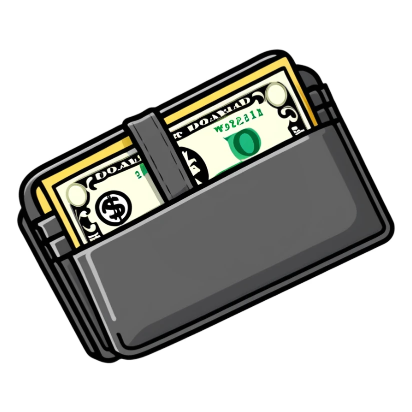 black leather wallet with dollar bills inside and a small clock in top right corner positioned over the wallet sticker