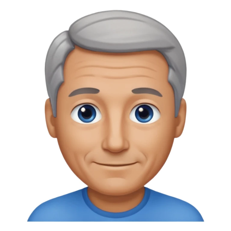 Middle aged man with tanned skin, receding dark grey hair and no beard, blue eyes, shy smile sticker