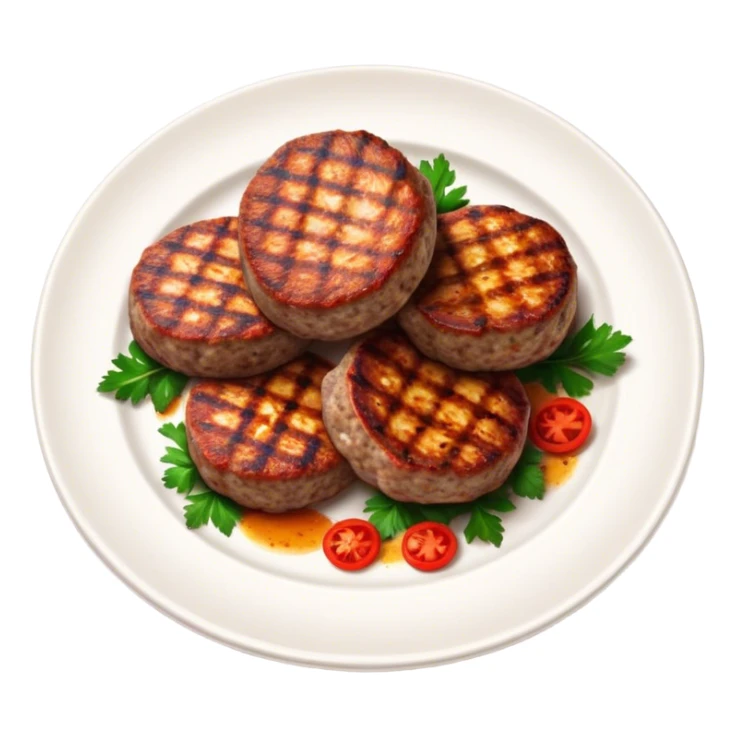 Cinematic Realistic image of Turkish Köfte, presented as perfectly formed, spiced meat patties with detailed textures and subtle grill marks, arranged artfully on a simple plate and illuminated by warm, appetizing lighting that accentuates their savory appeal. sticker