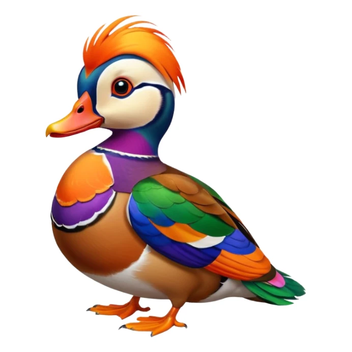 Hyperrealistic,, insane detail, 8k male Mandarin Duck,  layered feathers brightly colored plumage marked by bright orange, green, red, yellow, and purple, still life render 4k. No emoji icons, no emoji faces  sticker