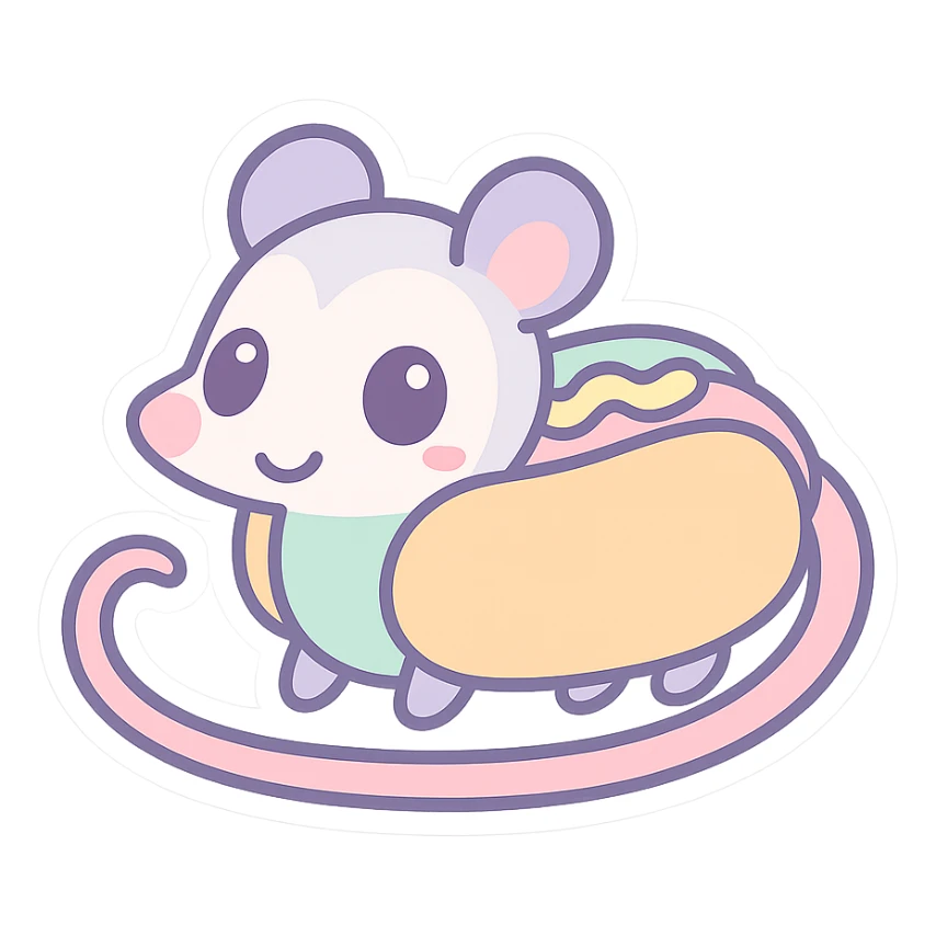 cute cartoon possum dressed up like a hot dog, sticker style, transparent background sticker