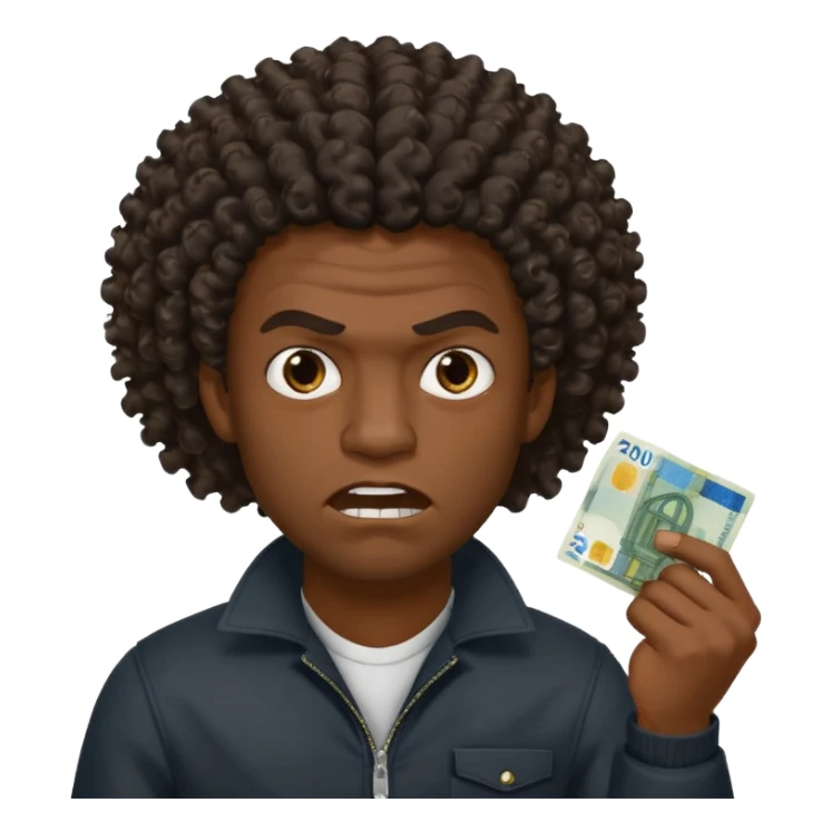 create a blackman holding 20 euro bill and looking like evil very evil curly hair that points upwards sticker