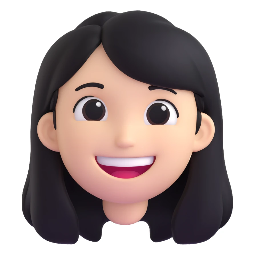 scary white emoji with a wide smile and long black hair, unsettling expression, horror style sticker