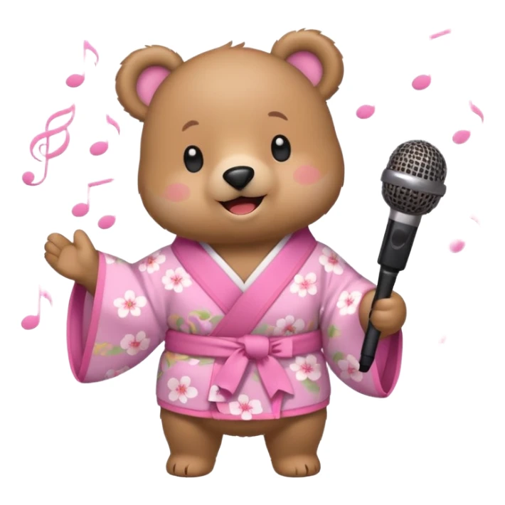 A cute light-brown bear wearing a pastel pink sakura-patterned kimono, normal balanced body ratio.  
Holding a microphone and singing happily, music notes floating around and a bright joyful smile.  
Kawaii emoji style, minimalistic clean sticker illustration, white background. sticker