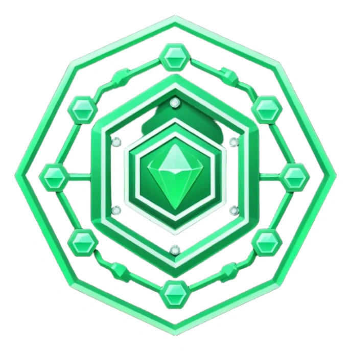 Futuristic reward points icon, diamond or hexagon shape, circuit board lines, Bloomberg terminal aesthetic, green phosphor glow on dark background, minimalist geometric, no text, fintech style, clean edges, professional icon design sticker