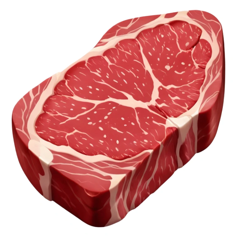 A raw steak with a deep red, fresh color and visible marbling of white fat. The surface is moist and smooth, slightly glossy, with natural muscle texture. The shape is thick and rounded, resembling a fresh cut of beef ready to be cooked sticker