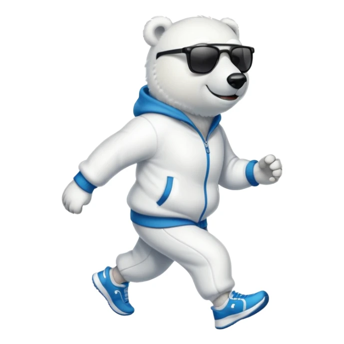 friendly anthropomorphised polar bear jogging upright wearing a tracksuit and sneakers, dark sunglasses sticker