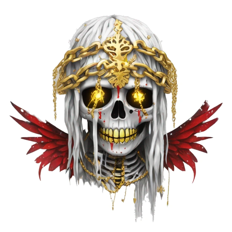 White skeleton zombie person covered in golden chains and black graffiti scribbles and red and silver doodles wings made of neon lightning snowing snowflakes crown made of snowflakes  sticker