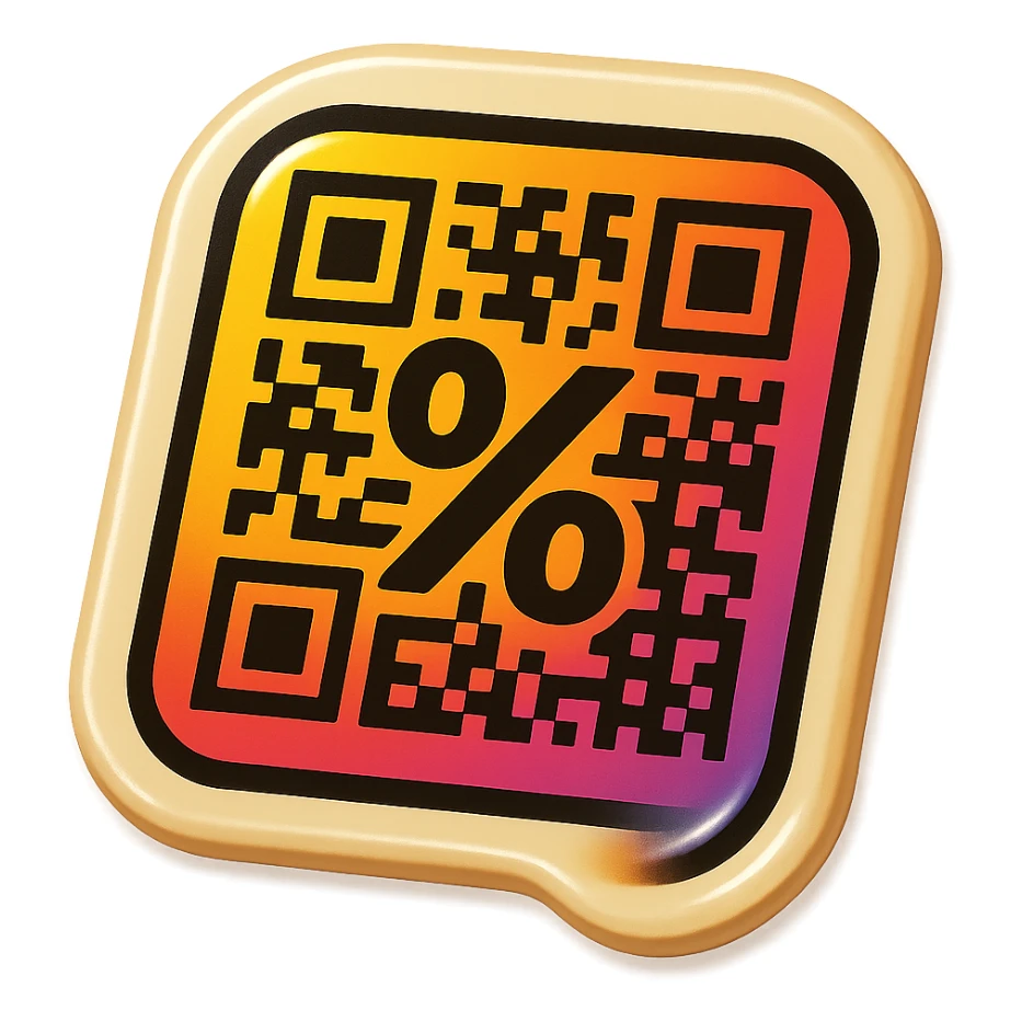 badge featuring a QR code that integrates a large percent sign (%) within it sticker