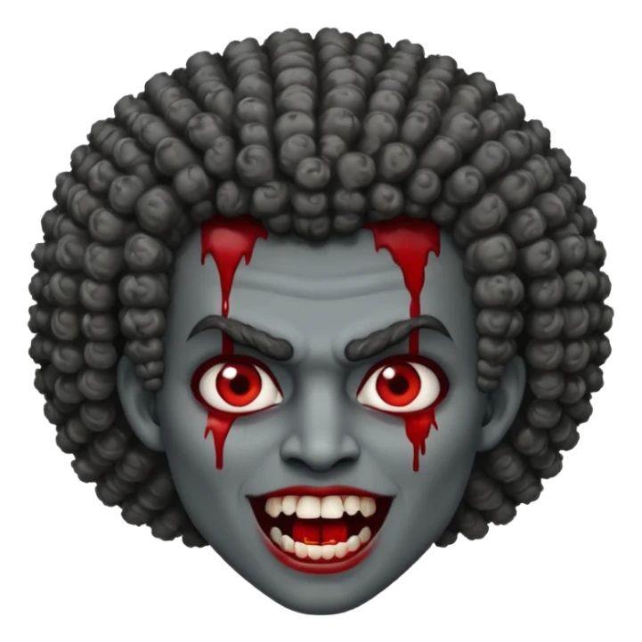 vampire with grey skin, fanged teeth, blood on face and a curly Afro sticker