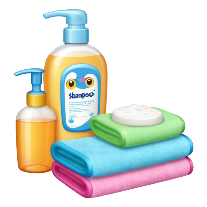 Soap, washcloth and kids shampoo sticker