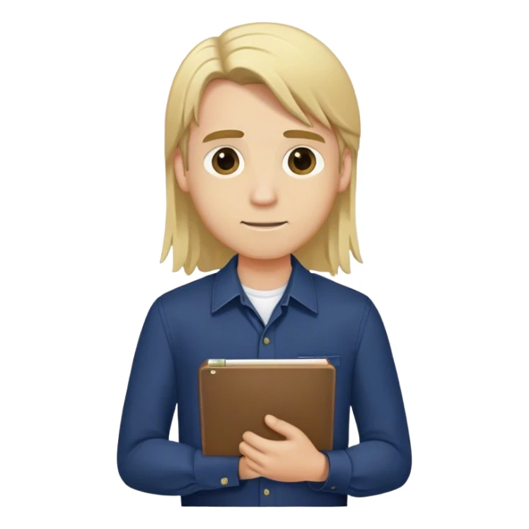 Guy with long straight blonde hair and navy button up holding a notebook sticker