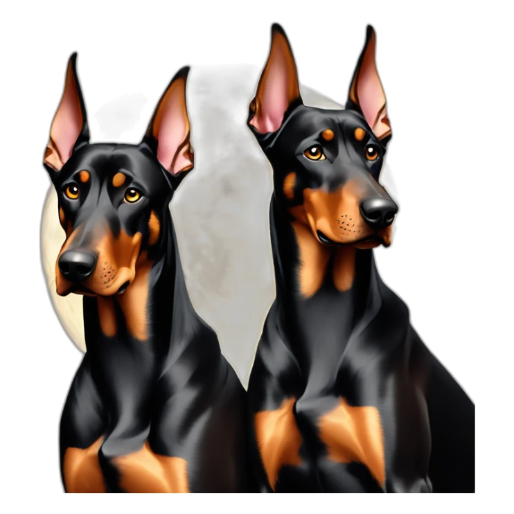 Two dobermans sitting no cropped ears with big moon sticker