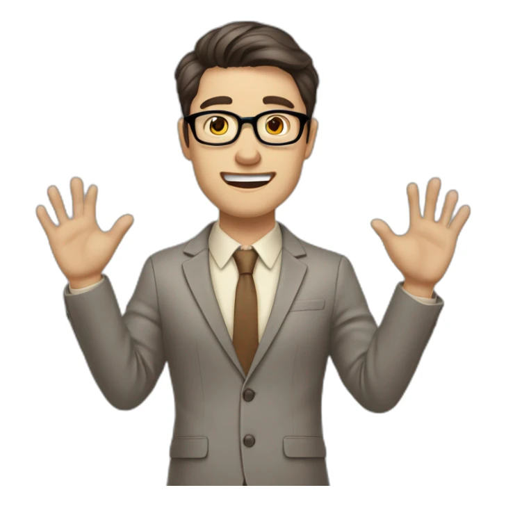 To belt Actively gesturing with hands Pale skinned fit man with dark brown hair in gray jacket, beige office shirt, brown tie, brown pants and vintage glasses. sticker