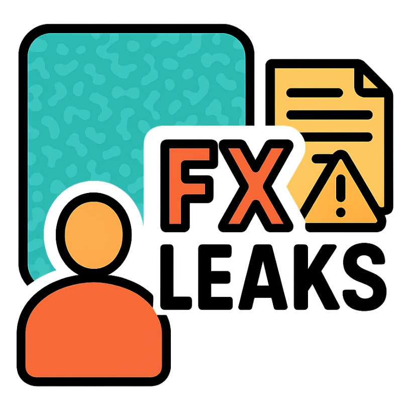 logo with turquoise textured background, left simple masked figure, center bold 'FX LEAKS' with 'FX' highlighted, right document with triangular warning, theme sensitive financial information sticker