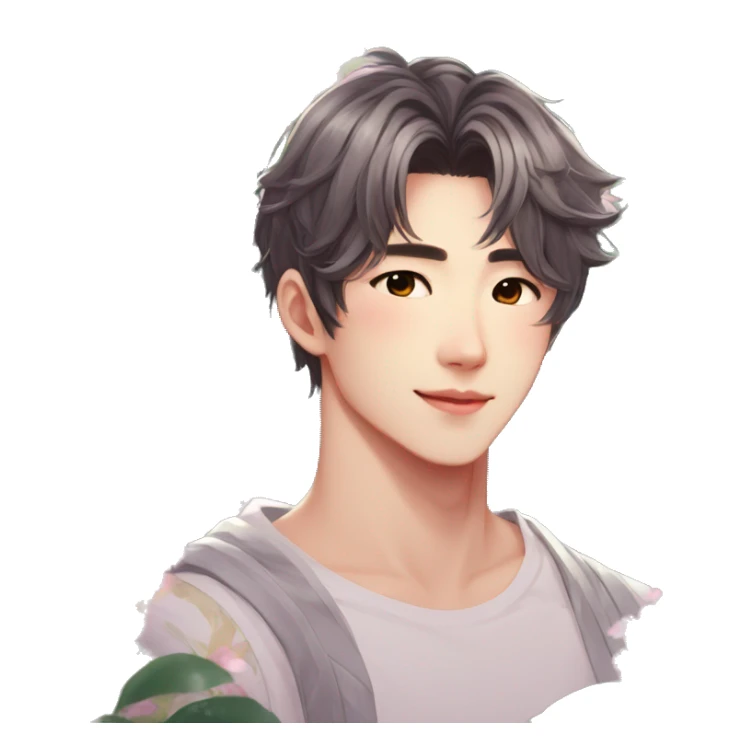 Gorgeous bright sparkly romantic Asian anime style guy with blushing face and flowers aesthetic trending style outside sticker