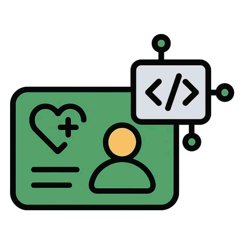 modern icon design for a clinic core application logo, green color, integrates a healthcard and a software-related icon, modern and clean aesthetic sticker