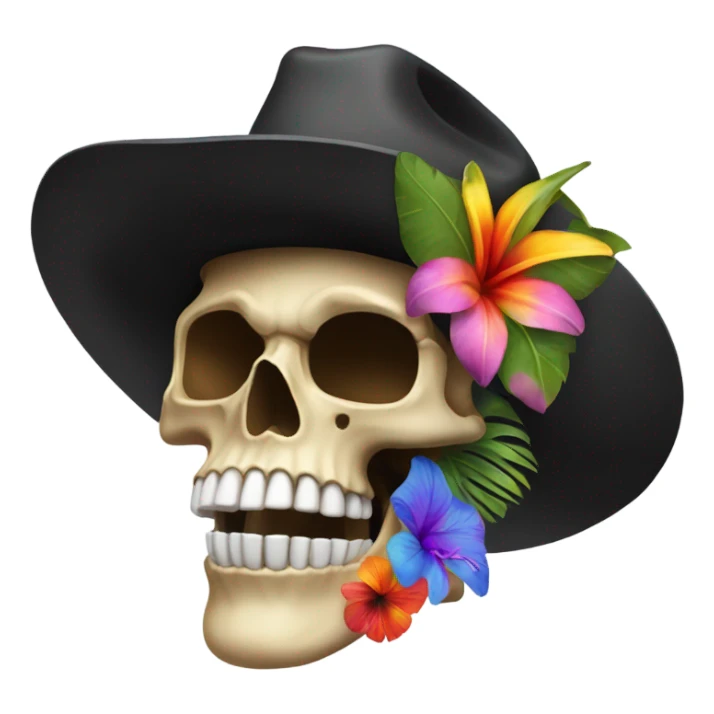 Realistic side view of a skull in a black cowboy hat on decorated with tropical flowers. sticker