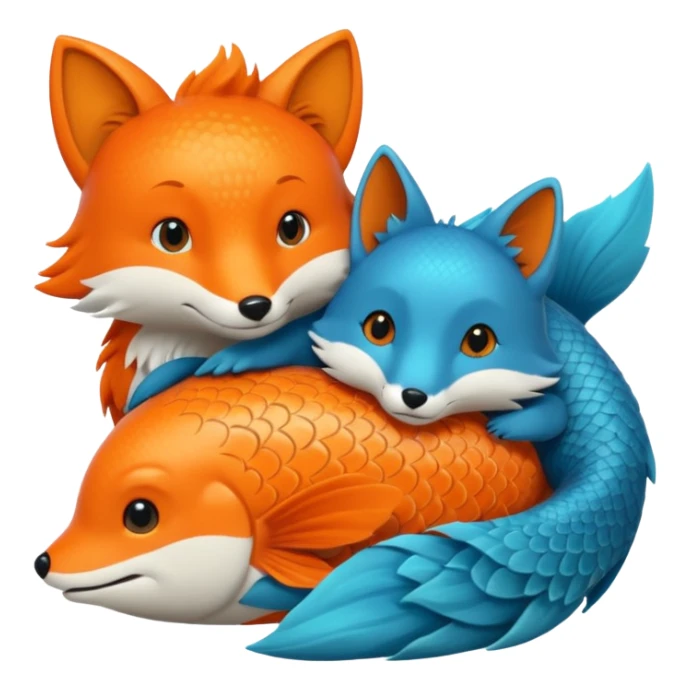 An orange fish and a teal blue fox, that are hugging or cuddling each other sticker