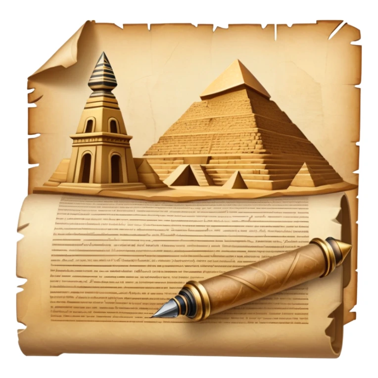 An icon showing a rolled parchment scroll, a quill pen, and ancient landmarks like pyramids and columns in the background. The design symbolizes the study of past civilizations, events, and heritage. Transparent background emphasizes the timeless exploration of human history. sticker