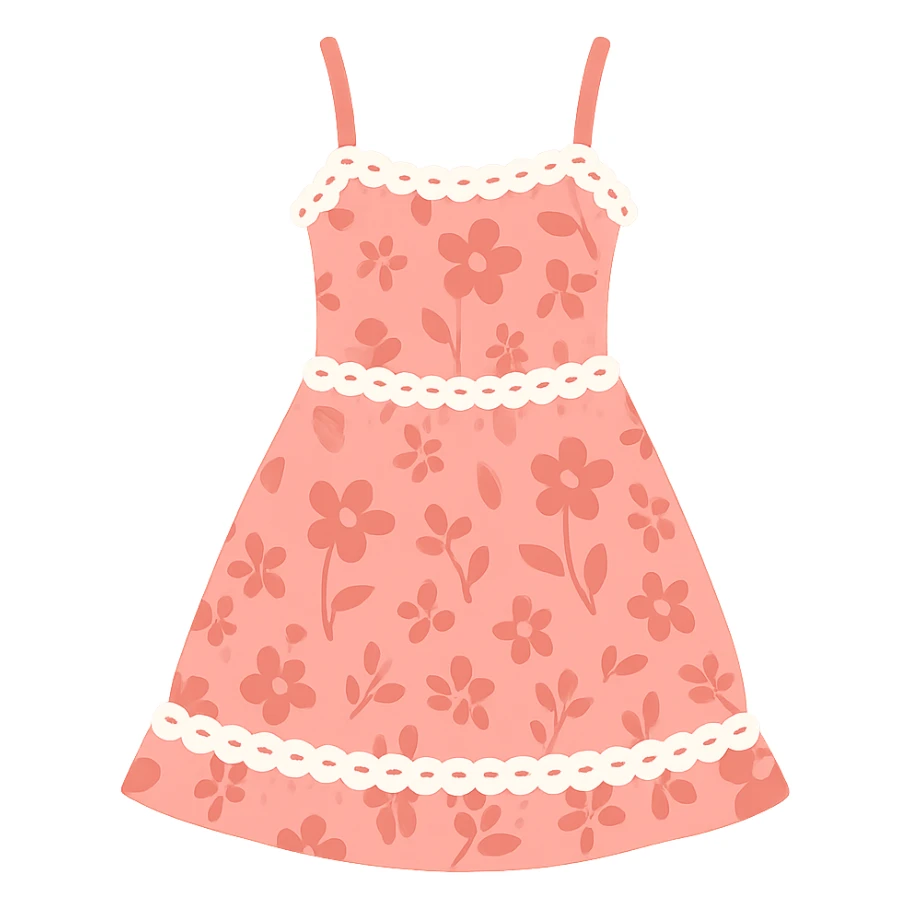 frilly lacey floral pink summer sundress, flat vector sticker