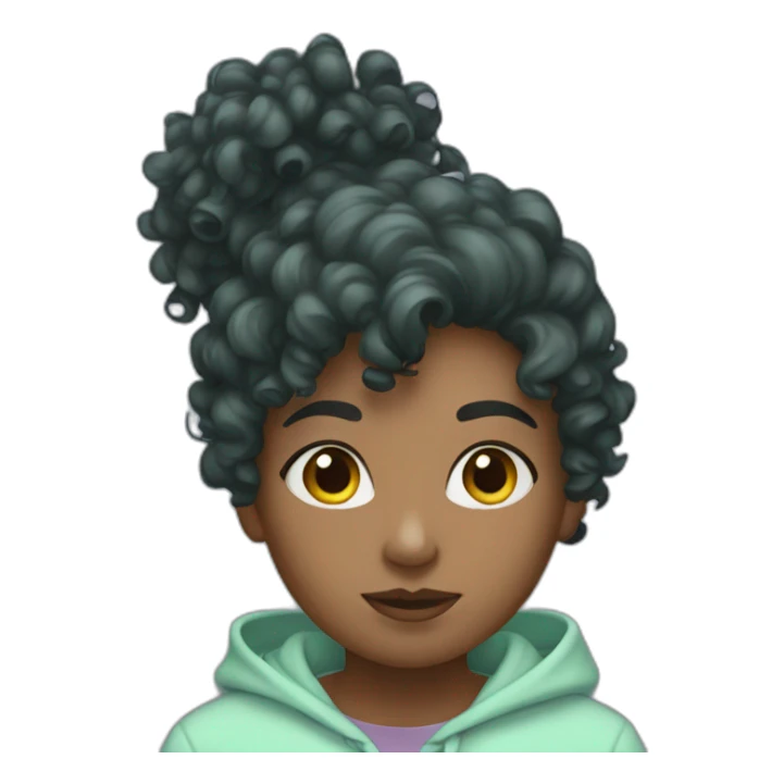 Dark curly hair girl in mint hoodie sticker