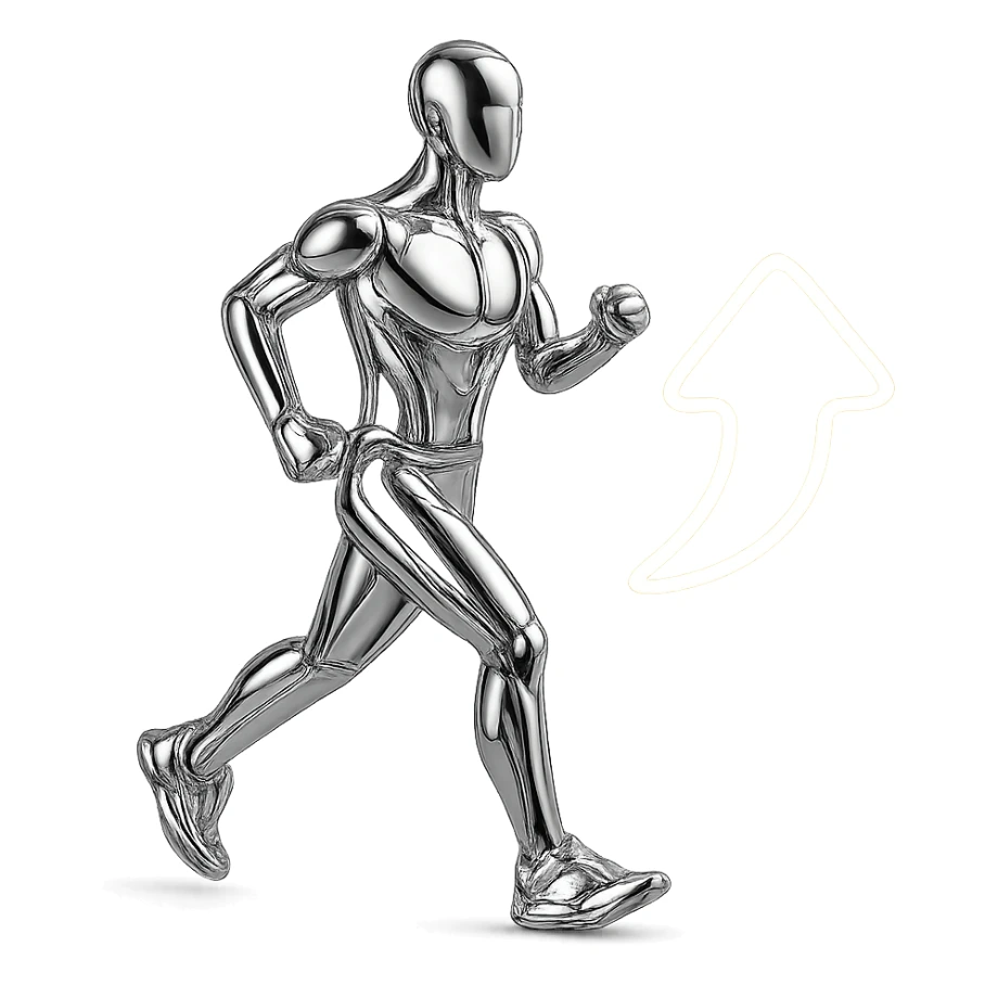 reflective chrome figure jogging with a glowing upward arrow, symbolizing health improvement sticker