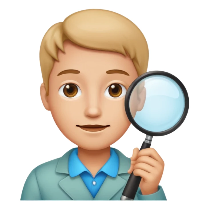 a magnifying glass over a simple person icon with subtle gradients and a friendly expression sticker