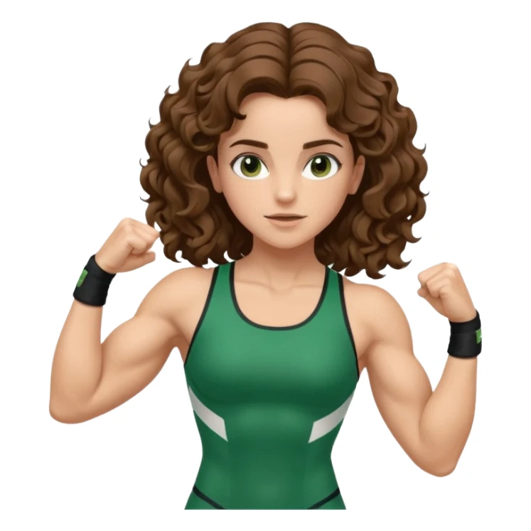 flexing muscles, big biceps, muscled torso, very beautiful italian girl, looking like Emma Watson, with curly and big volume very bright brown hair, dressed in a beautiful green sports costume sticker