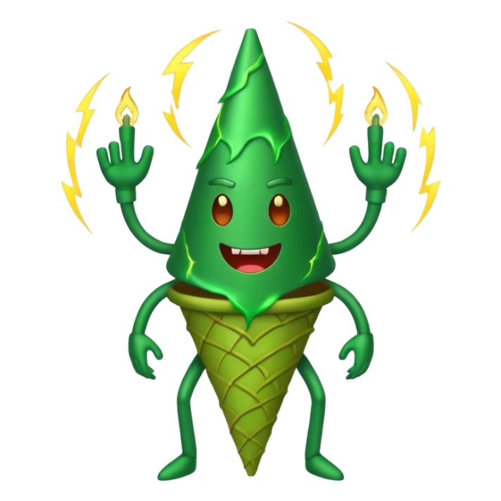evil green cone man with 6 legs with lightning in the back sticker