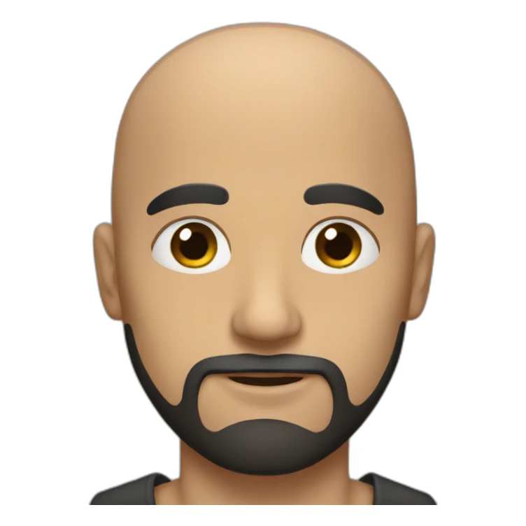 A bald man with brown eyes and a black beard sticker