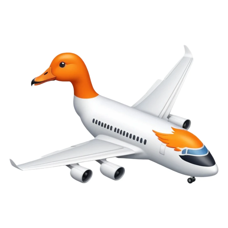 A commercial passenger airplane with a white goose head and orange beak replacing the cockpit sticker