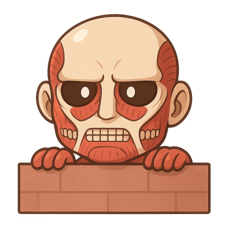 Chibi Colossal Titan peeking over a wall, Attack on Titan theme, emoji style sticker