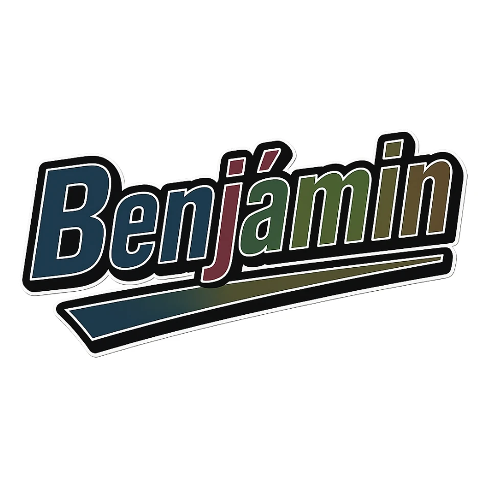 Text image of the name 'Benjámin' in a masculine, modern, gradient font with precise Hungarian characters, dark contour, extra thick, prominent white letter outline as in reference images, dynamic slanted underline, masculine color shades including blue, gray, burgundy, green, and brown, 1000x1000 px, PNG, transparent background. sticker
