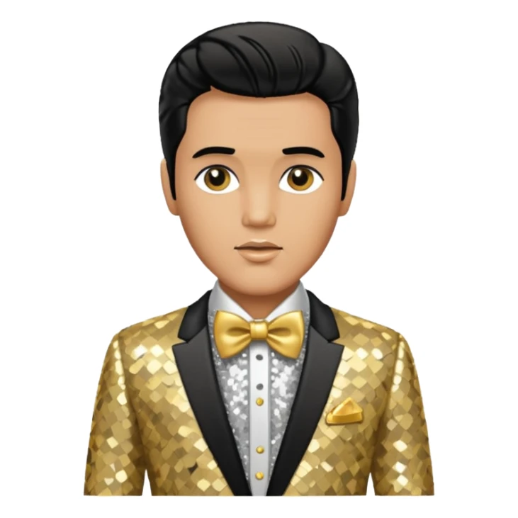 Elvis Presley with silver sequin shirt with gold bow tie, gold sequin suit sticker