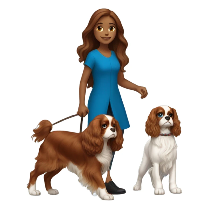 A long brown hair girl with blue eyes walking a King Charles cavalier ruby colored  sticker