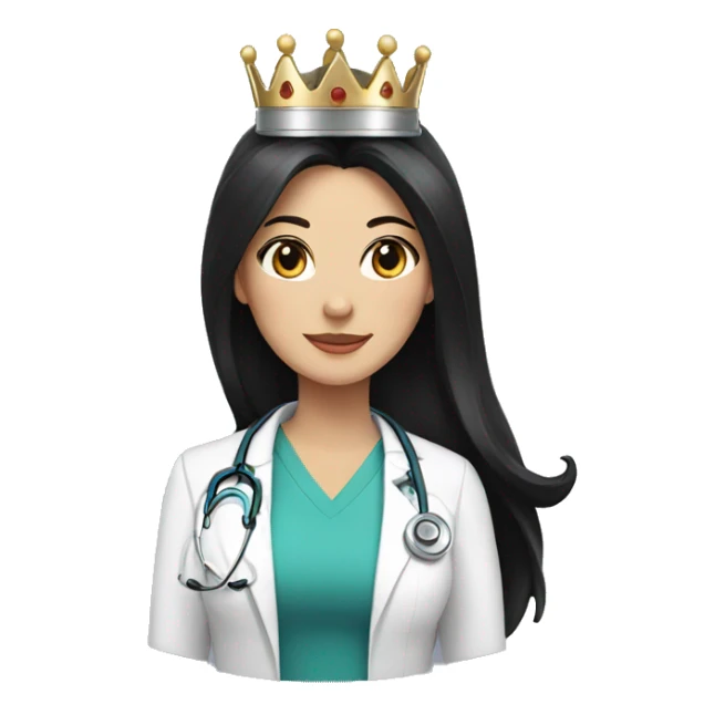 Female doctor with long black hair and a crown with cats sticker