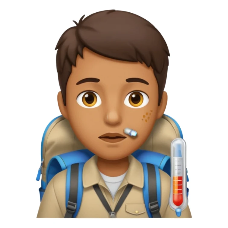person travelling with backpack and a fever thermometer in there mouth sticker