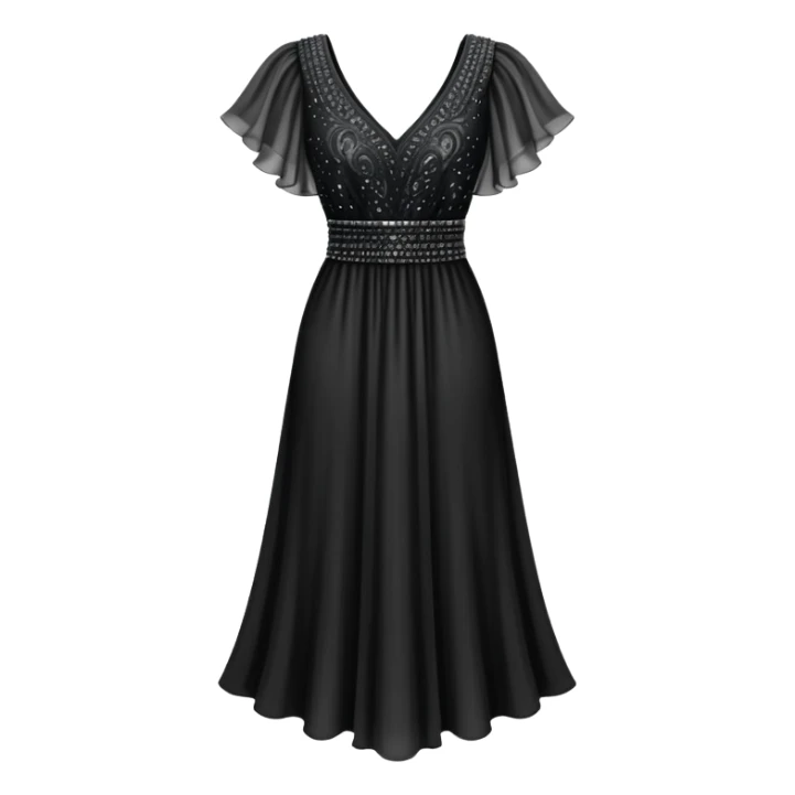 black beaded v-neck dress, isolated hanging, mid-length with flutter sleeves sticker