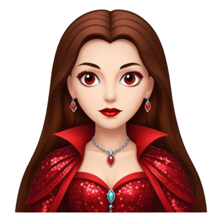 Countess Dracula with long brown hair, red sequin outfit sticker